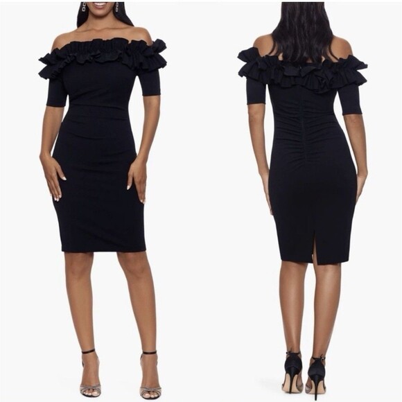 Xscape Brynleigh Dress Off The Shoulder Scuba Ruffle Black Party Plus Size 18W - Picture 8 of 13